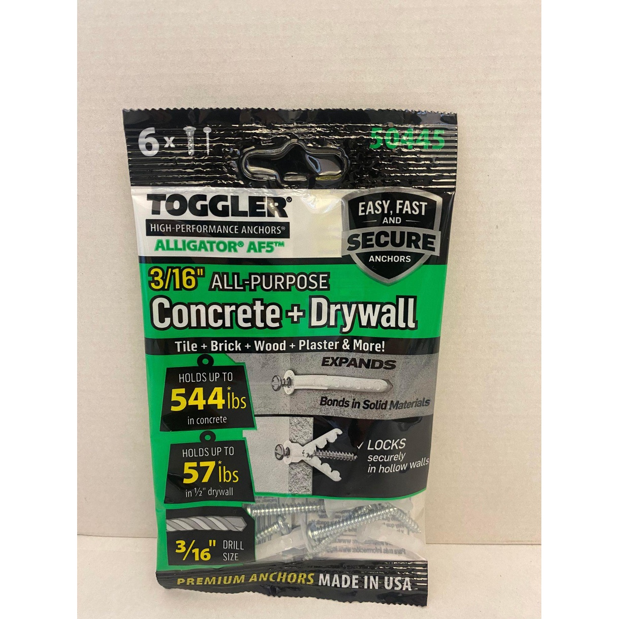 6 st Alligator AF5-ankare, 3/16", för betong/gipsvägg, håller upp till 544 lbs.