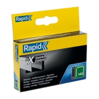 Låda med RAPID HÄFTKLAMMER 140/10MM, 2MLE, gul/svart, märkt för 140 häftklamrar.