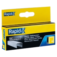 Låda med RAPID HÄFTKLAMMER 13/6MM 2,5MLE häftklamrar i gult och blått High Performance-paket.