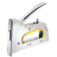 En silvergul HÄFTPISTOL R30E NOS ERGO RAPID häftpistol med böjt handtag.