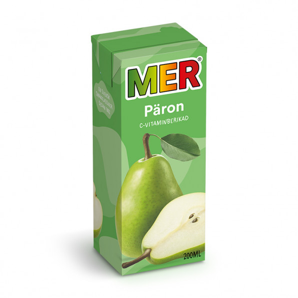 MER Päron 20cl juiceförpackning med bilder av ett helt päron och ett halvt päron.