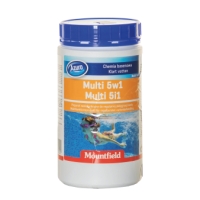 Behållare med Mountfield Multi 5w1 poolkemikalie med blått lock och simbild på etiketten.