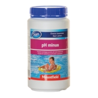 Vit behållare med pool pH minus med bild av ett barn i en pool på etiketten.