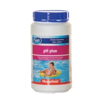 Vit behållare märkt pH plus för pooler, med ett simmande barn på etiketten.