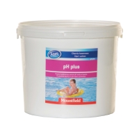 Vit plastbehållare märkt pH plus med ett foto av ett barn i en pool på framsidan.