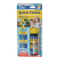 Aqua Quick Check teststickor för pooler förpackade med en flaska och en färgglad etikett.