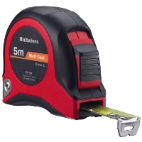 En svart och röd MÄTBAND STÅL PR 5M HULTAFORS med gul tejp utdragen.