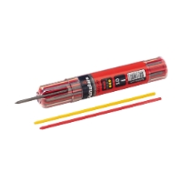 REFILL STIFTPENNOR HRD SORT HULTAFO: röd plastbehållare, nål, gula & röda pinnar.