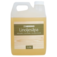 Plastbehållare med LINOLJESÅPA NATURELL 2,5L med grön och beige etikett.