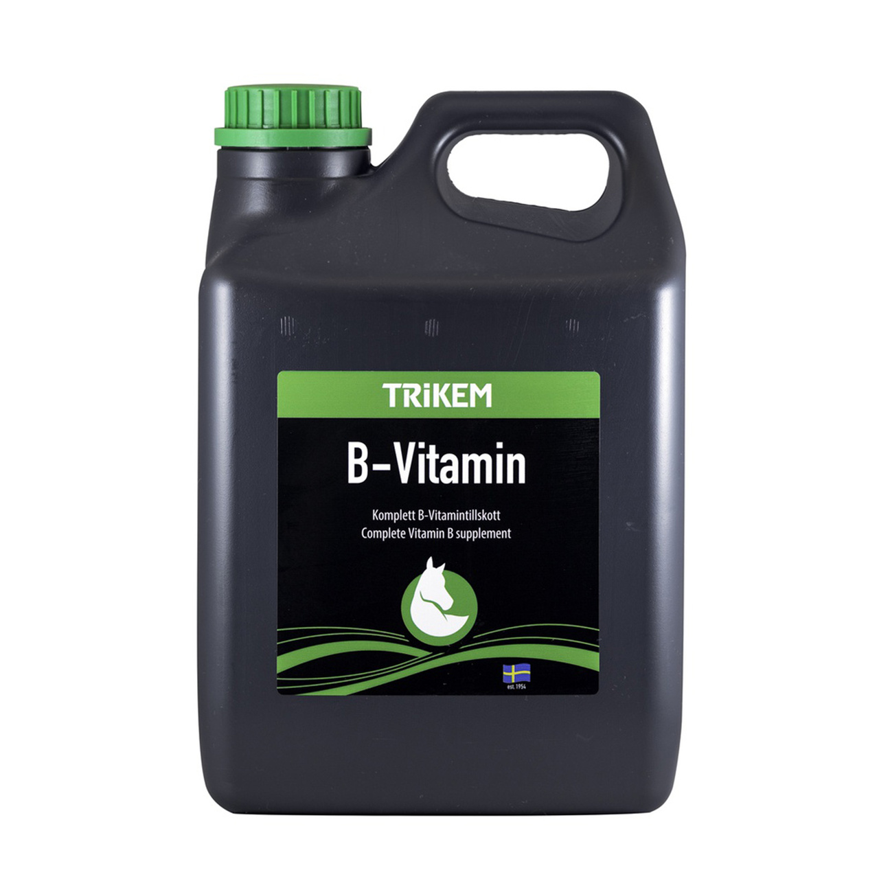 Trikem B-vitaminbehållare i svart plast med grönt lock och gröna detaljer.