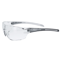 Genomskinliga skyddsglasögon med transparenta glas och gråa bågar, visade från en sidovinkel.