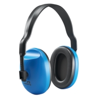 Blå och svarta ljuddämpande over-ear hörselkåpor med svart huvudband.