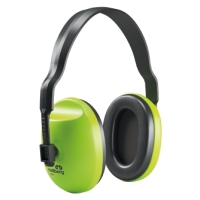 Gröna och svarta hörselkåpor med vadderat huvudband som sitter över örat.