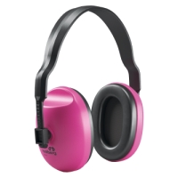 Rosa och svarta over ear-hörselkåpor med brusreducering och vadderat huvudband.