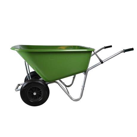 SKOTTKÄRRA 280 L PLAST, grön med metallram och två svarta hjul, vy från sidan.