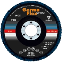 En svart LAMELLSLIPSKIVA 115X22,2MM K80 GermaFlex med blå slipkanter.