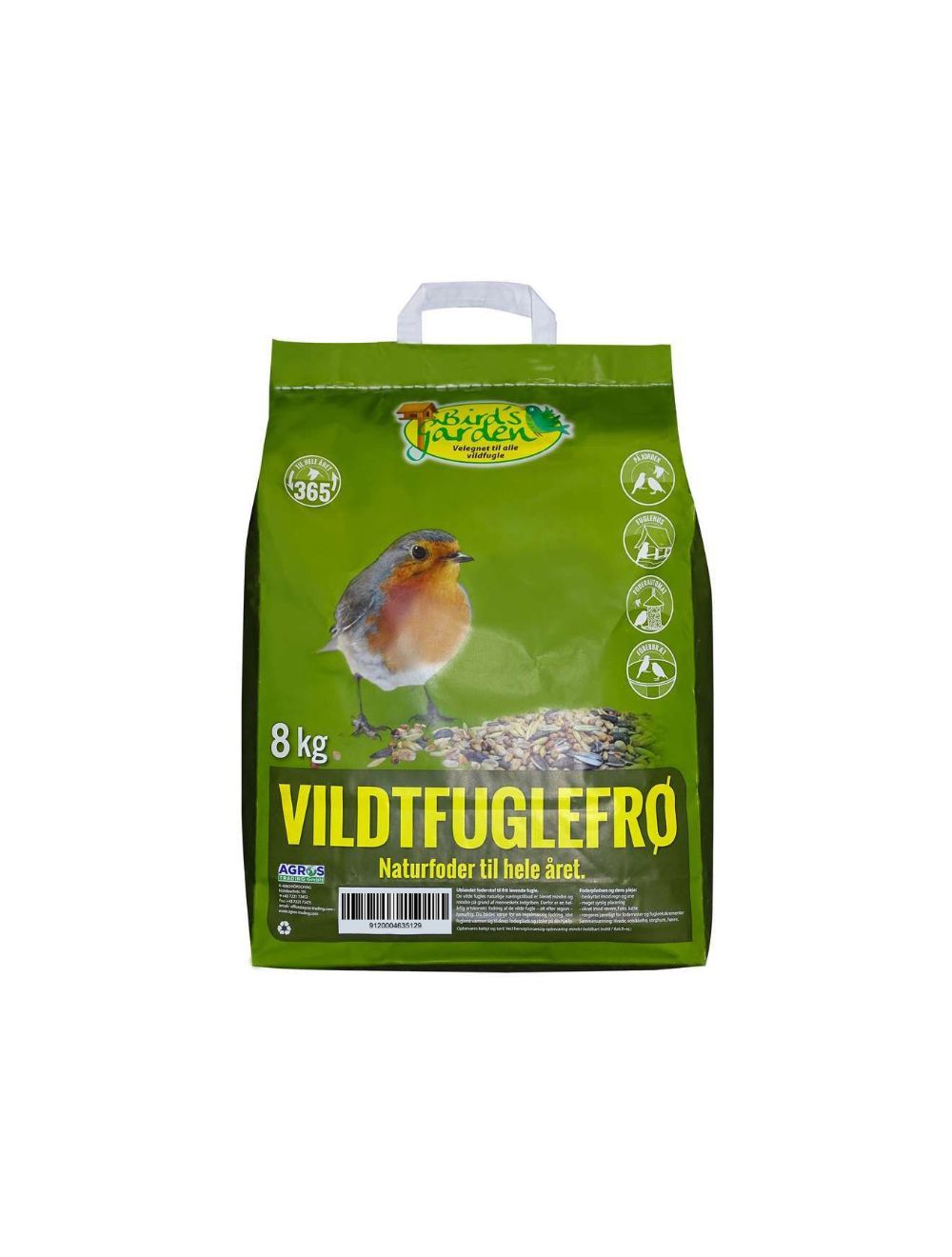 Grön påse med vildfågelfrö, Viltfågelfrö 8kg, med en rödhakeillustration på etiketten.