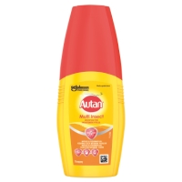 En gul och röd MYGGSPRAY AUTAN PUMPSPRAY 100ML flaska med insektsmedel.