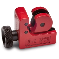 Liten röd rörkap med ett svart justeringsvred på vänster sida.