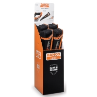 Displaylåda innehållande flera HANDSÅG 2600-22-24P sågar i orange och svart förpackning.