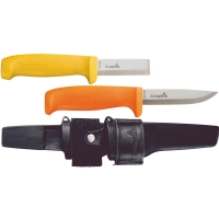 Två SLIDKNIV DUBBEL STK-HVK HULTAFORS-knivar med gula, orange handtag och svart slida.