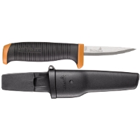 PRECISIONKNIV PK GH HULTAFORS: svart kniv med fast blad, slida, båda med orangefärgade detaljer.