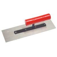 PUTSBRÄDA 250X75MM ETC är en rektangulär metallspackel med ett rött cylindriskt handtag.