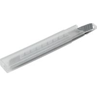 En plastlåda med BRYTBLAD ALLROUND 9MM SBA9-10 grå knivblad.