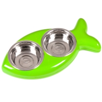 Katt Fiskskål Liten Grön: Grön fiskformad hållare med 2 metallskålar.