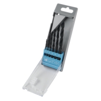 Sats med sex stycken METALLBORRSET HSS 2-8MM borr i en blå och grå låda med transparent lock.