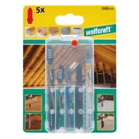 STICKSÅGSBLAD SET MULTI 5ST: 5 sticksågsblad i plastförpackning med träskärningsbilder.