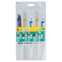 Förpackning med fem TIGERSÅGBLAD CV/BIM-sågblad i genomskinlig plastförpackning.