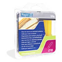 Förpackning med LIMSTIFT 12MM TRÄ 13ST RAPID limstift i klar förpackning med blågrön etikett.