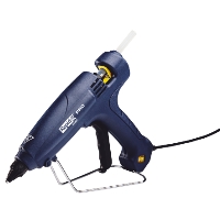 LIMPISTOL EG320 RAPID blå limpistol med limstift, metallstativ och sladd ansluten.