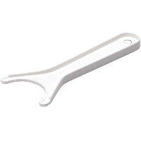 ROLLERSKRAPA VIT: Vitt plastverktyg med gaffelformad ände, mot en enfärgad bakgrund.