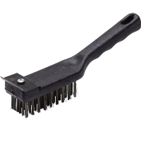 STÅLBORSTE MED SKRAPA: Svart stålborste med plasthandtag och metallskrapa.