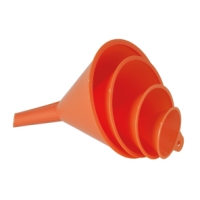 TRATTSATS 50-75-100-120MM: tre staplade orange plasttrattar mot vit bakgrund.