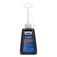 En 50 g flaska Pressol Grafitpulver med långt munstycke och blåorange etikett.