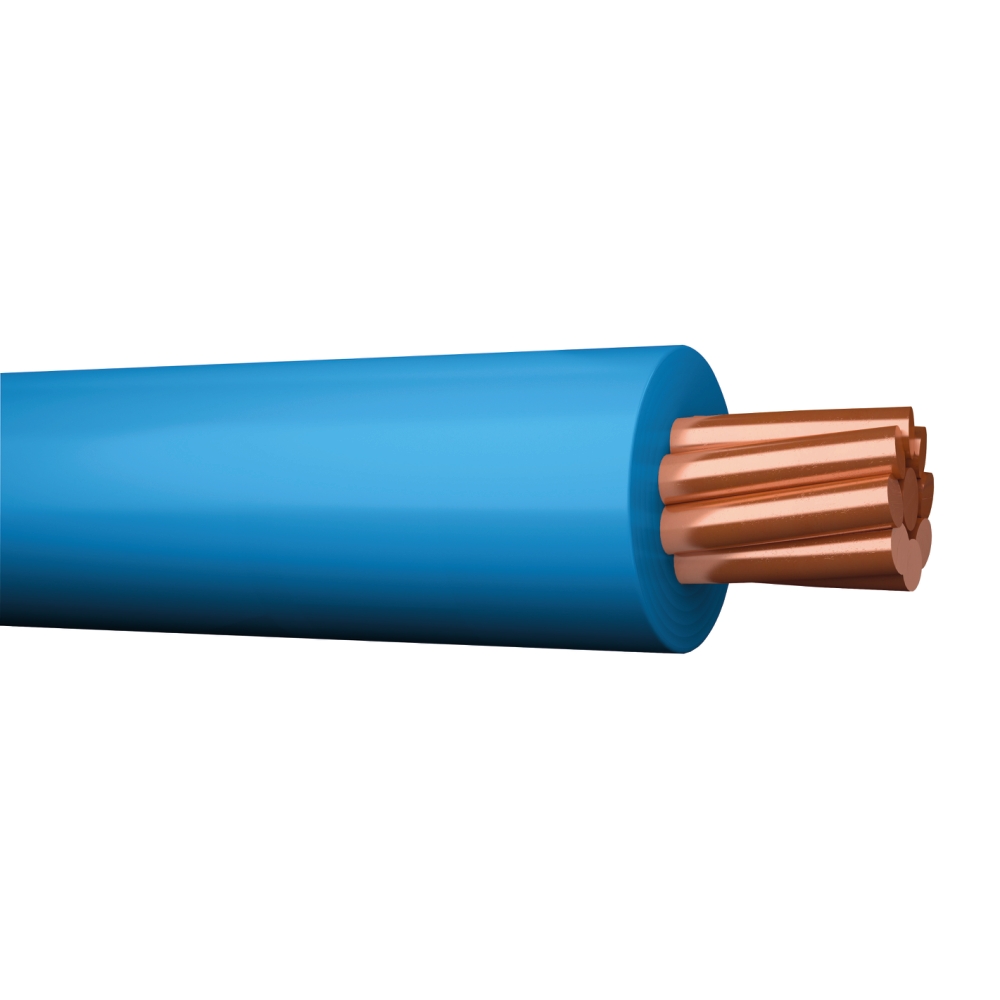 Närbild av KABEL FQ 1,5 BLÅ 20M med exponerade koppartrådar i slutet.