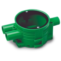 Kopplingsdosa i grön plast med tre sidoöppningar och monteringspunkter.