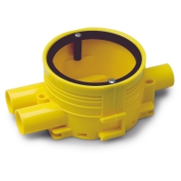 Elektrisk kopplingsdosa i gul plast med flera ingångar för rörledningar.