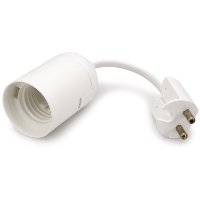 Vit elektrisk adapter med en kontakt i ena änden och en glödlampsfatning i den andra.