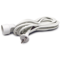 Vit, lindad nätsladd med tvåpolig stickkontakt och uttag i motsatt ände.