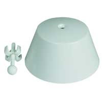 Vit plaststrut med ett litet hål på toppen, bredvid en vit plastklämma eller ett fästelement.