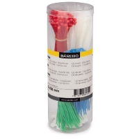 I en genomskinlig plastbehållare finns buntband i olika färger: rött, vitt, blått och grönt.