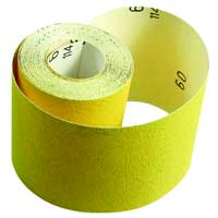 En rulle SLIPPAPPERSRULLE 93MMX5M K40 sandpapper, delvis avrullad, kornstorlek K40 visas på baksidan.