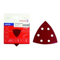 SLIPARK TREKANT K40 SB 5P röd triangulär sliprondell med sex hål bredvid förpackningen.