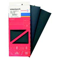 Svarta VÅTSLIPPAPPER 93X230 SORT 6P ark delvis utdragna ur rödvit förpackning.