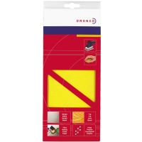 Röd och gul förpackning för SLIPPAPPER 93X230 K120 SB 10P med bilder på skor och borstar.