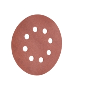 Rund sandpappersskiva med åtta hål, isolerad på en vit bakgrund.